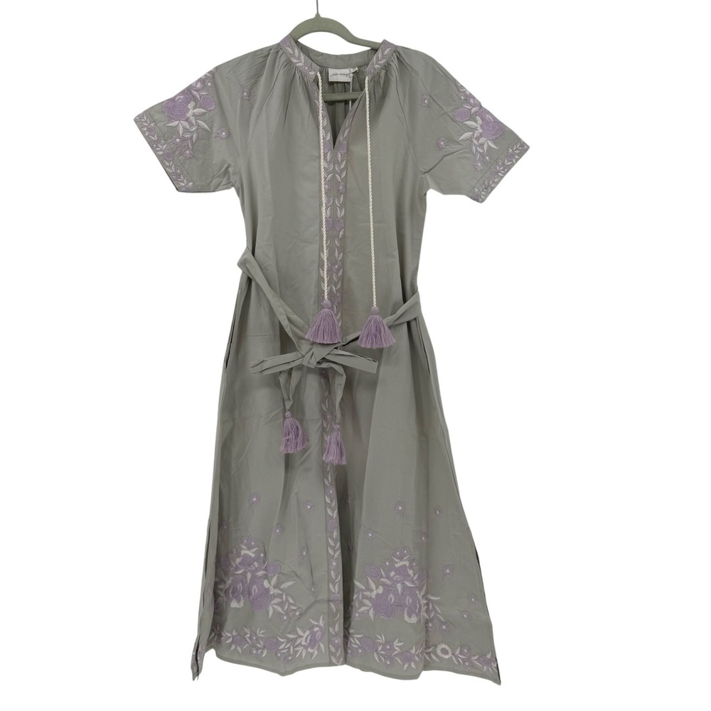 Julia Amory Daphne Coatue Dress Grey Lavender Embroidered Cotton Midi XS